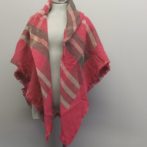Modena red gold plaid acrylic soft wrap poncho front clasp boho fringe NWT OSFM - Picture 1 of 4